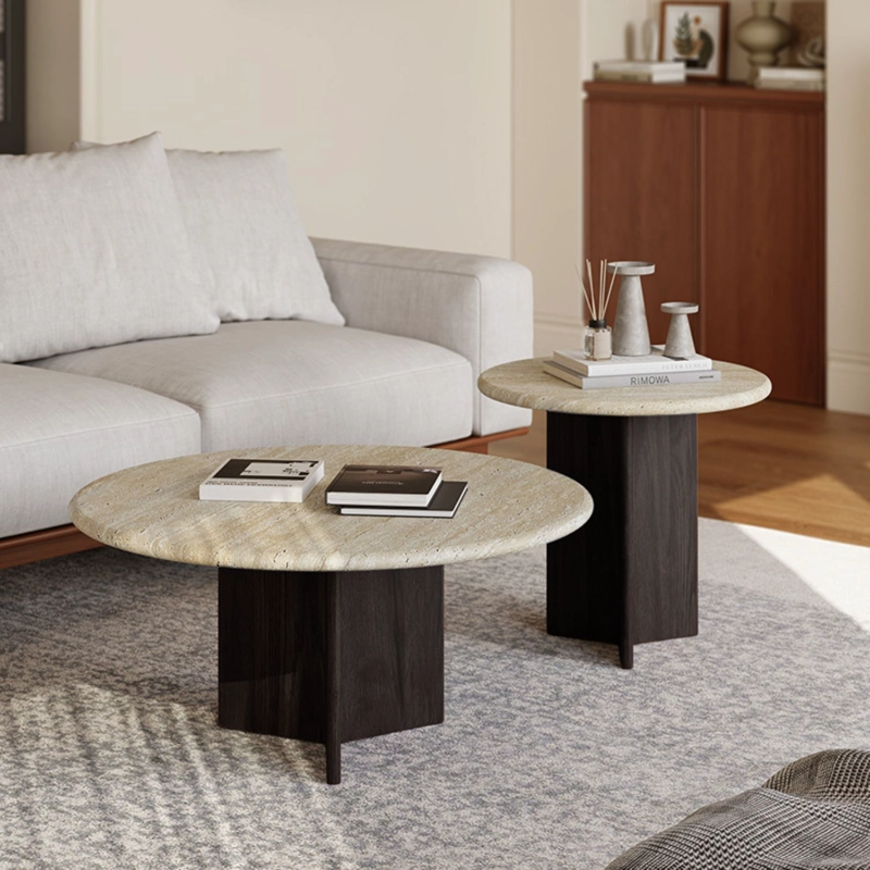 MESA DE CENTRO DOBLE TRAVERTINO TONO WENGUE ESTILO NORDICO JAPANDI ELEGANTE - 7