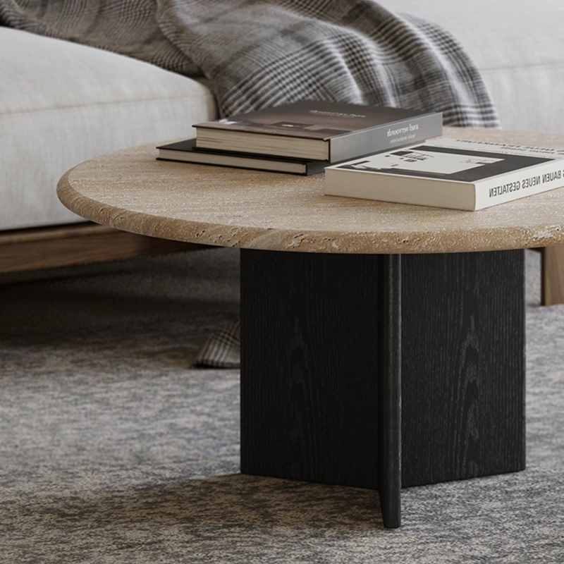 MESA DE CENTRO DOBLE TRAVERTINO TONO WENGUE ESTILO NORDICO JAPANDI ELEGANTE - 8