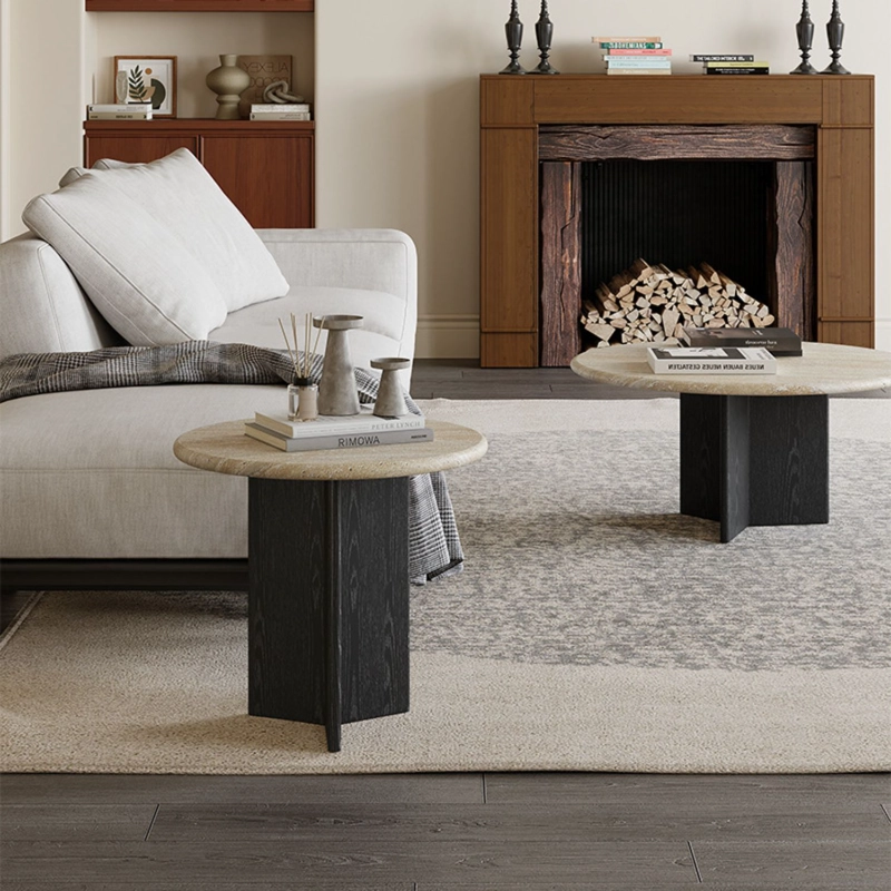 MESA DE CENTRO DOBLE TRAVERTINO TONO WENGUE ESTILO NORDICO JAPANDI ELEGANTE - 9
