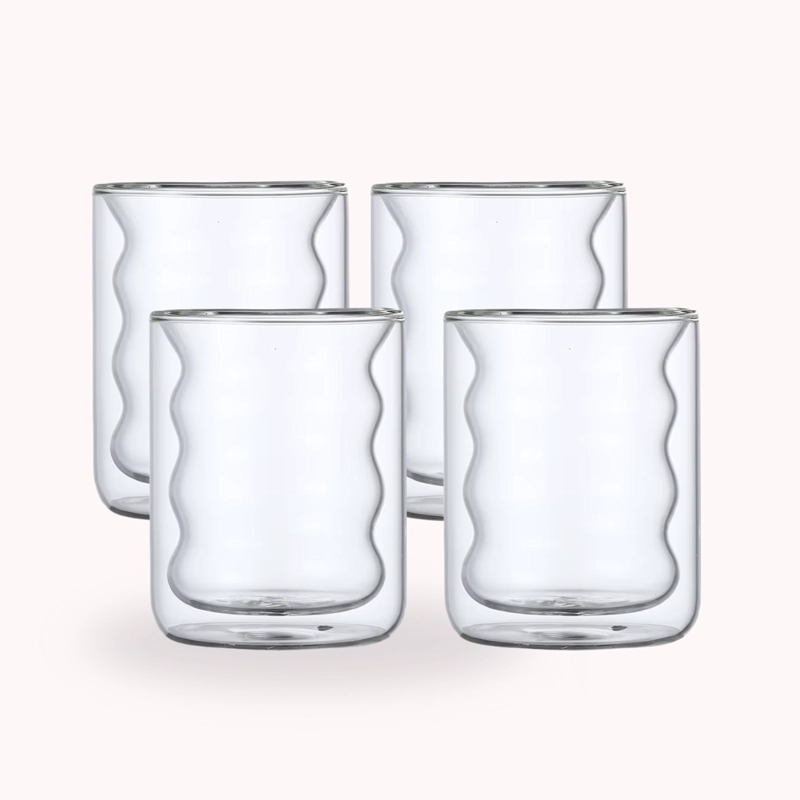 SET 4 VASOS VIDRIO DOBLE FONDO ONDAS BAJO - 2