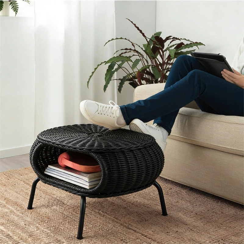 MESA OTOMANA APOYAPIES RATTAN MINIMALISTA NEGRA ESTILO JAPANDI NORDICO BOHO MODERNO - 6