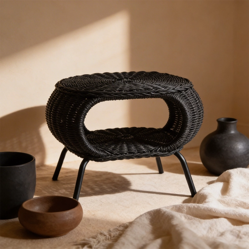 MESA OTOMANA APOYAPIES RATTAN MINIMALISTA NEGRA ESTILO JAPANDI NORDICO BOHO MODERNO - 9