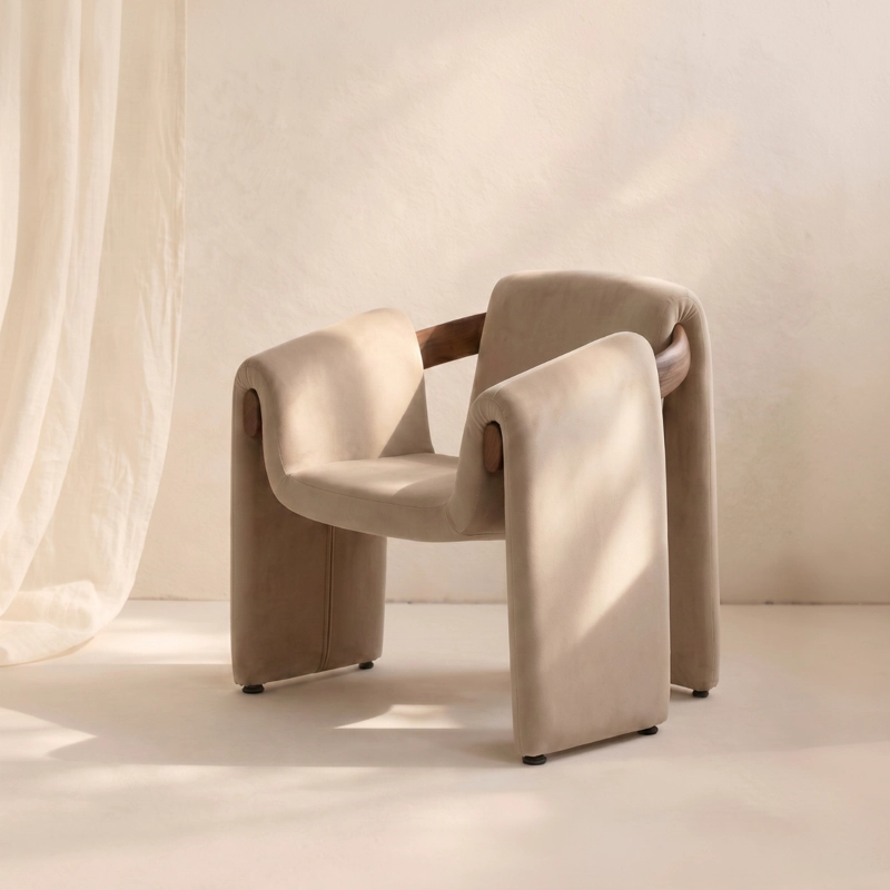 POLTRONA COZY TERCIOPELO ARENA Y MADERA NATURAL - 1
