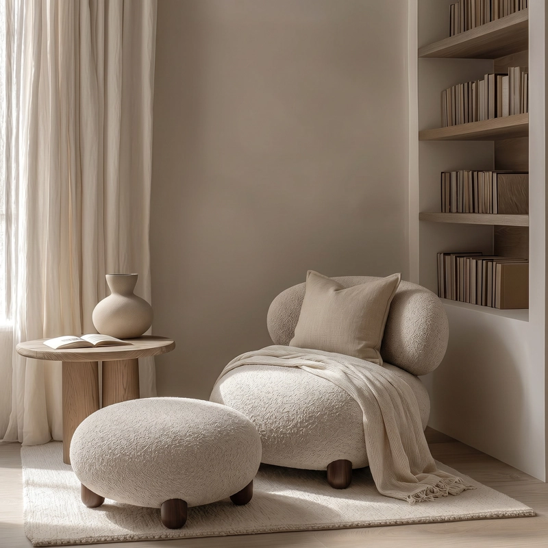 SET DE SITIAL BOUCLE  CON OTOMANO APOYAPIE S ESTILO JAPANDI NORDICO AESTHETIC COZY - 7