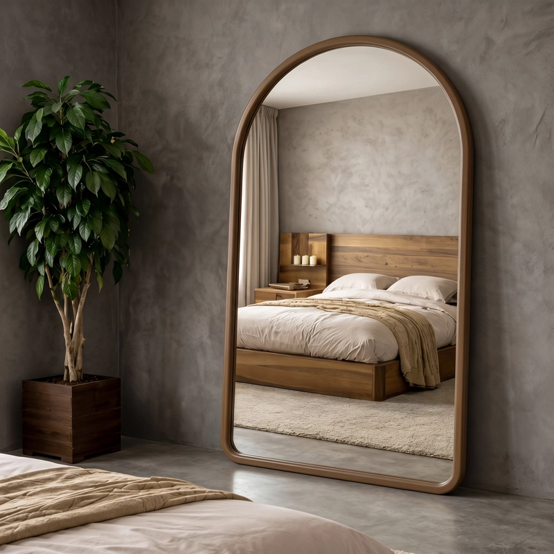 ESPEJO DECORATIVO EN ARCO DE CUERPO ENTERO DE MADERA NOGAL NATURAL 190X110 CM - 6