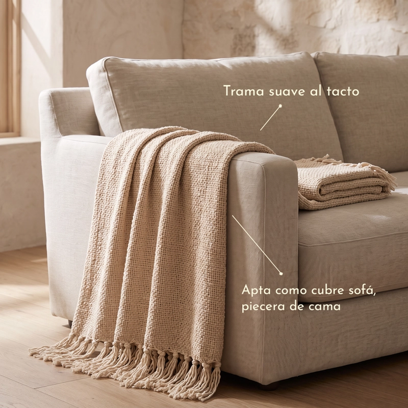 MANTA DECORATIVA CON FLECOS TONO CRUDO PARA DORMITORIO Y LIVING - 2