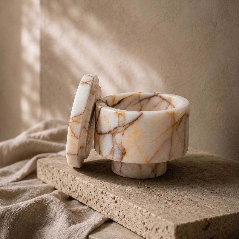 MINI BOWL JOYERO DE MARMOL BLANCO CON TAPA ORGANIZADOR DECO - 1