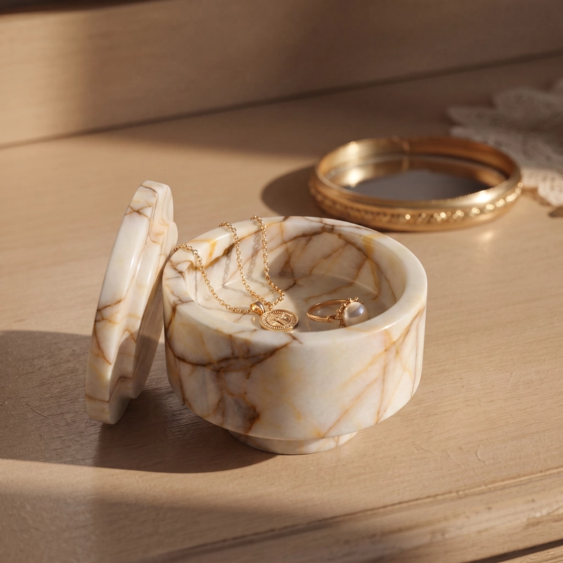 MINI BOWL JOYERO DE MARMOL BLANCO CON TAPA ORGANIZADOR DECO - 5