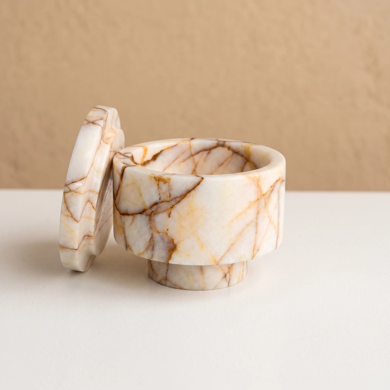 MINI BOWL JOYERO DE MARMOL BLANCO CON TAPA ORGANIZADOR DECO - 6