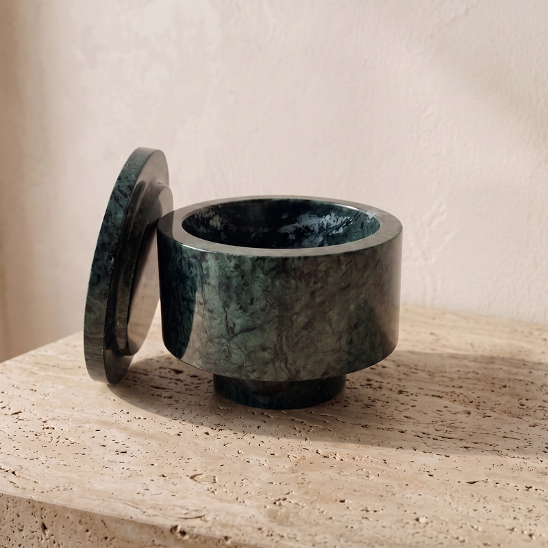 MINI BOWL JOYERO DE MARMOL VERDE CON TAPA ORGANIZADOR DECO - 1
