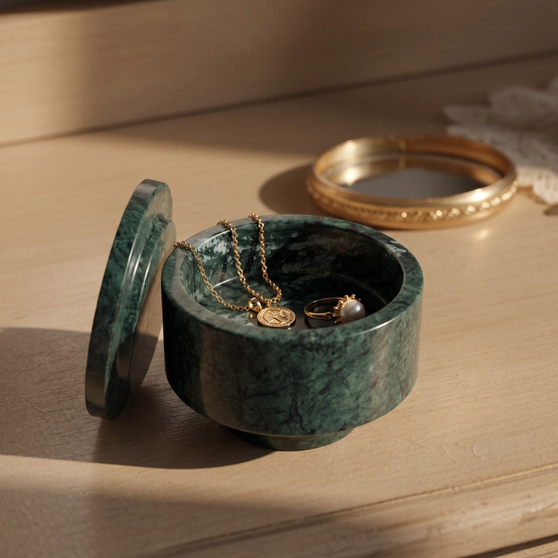 MINI BOWL JOYERO DE MARMOL VERDE CON TAPA ORGANIZADOR DECO - 5