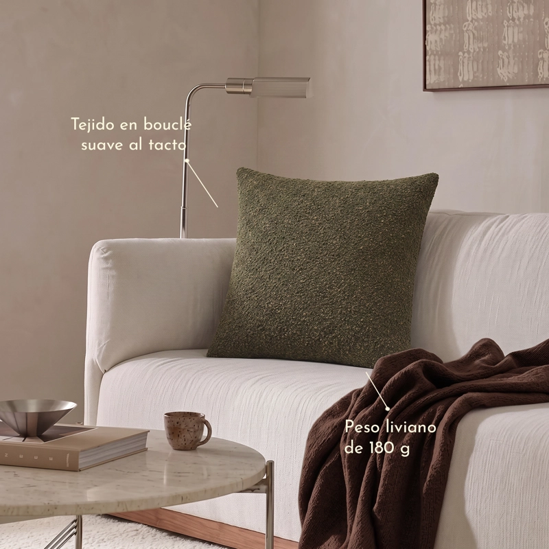 COJIN DECORATIVO EN TELA BOUCLE  COLOR VERDE OLIVA PARA DORMITORIO Y SALON - 4