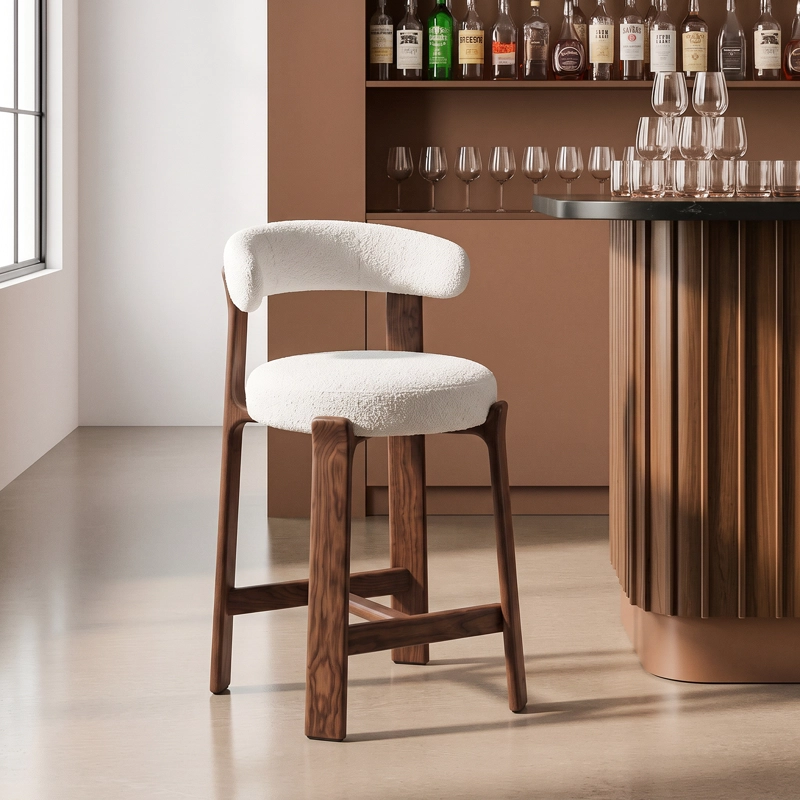 TABURETE ALTO PARA BARRA E ISLA MADERA NOGAL TAPIZADO EN BOUCLE  BLANCO - 5
