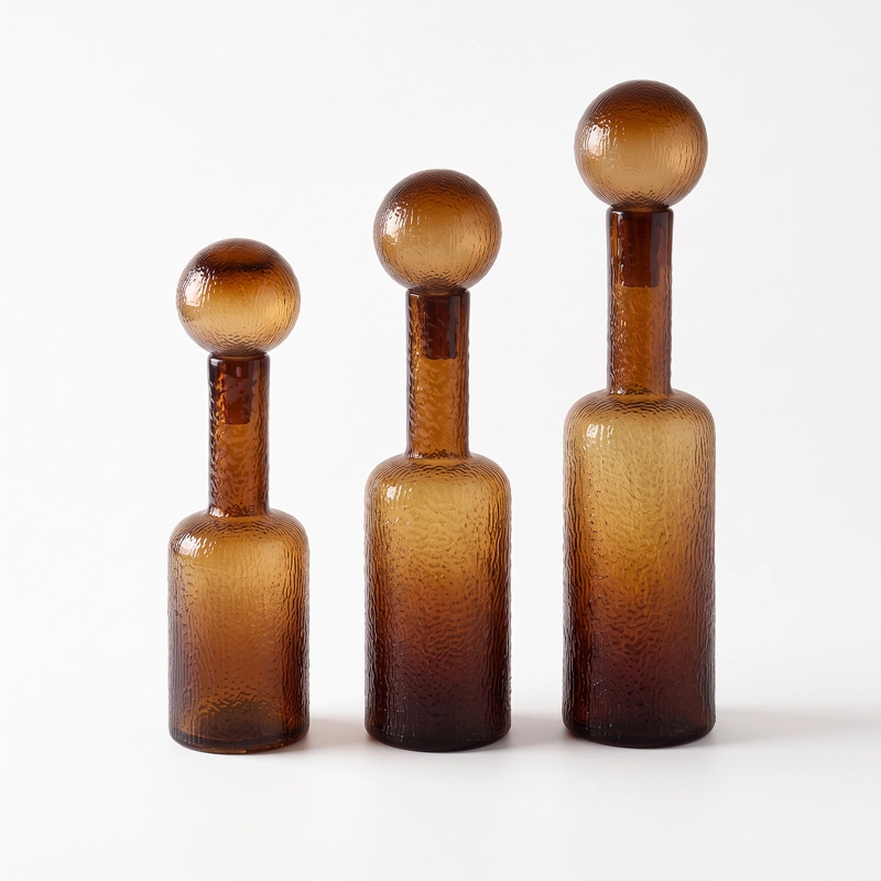 SET DE BOTELLAS DECORATIVAS VIDRIO AMBAR ESTILO VINTAGE WARM JAPANDI NORDICO - 2