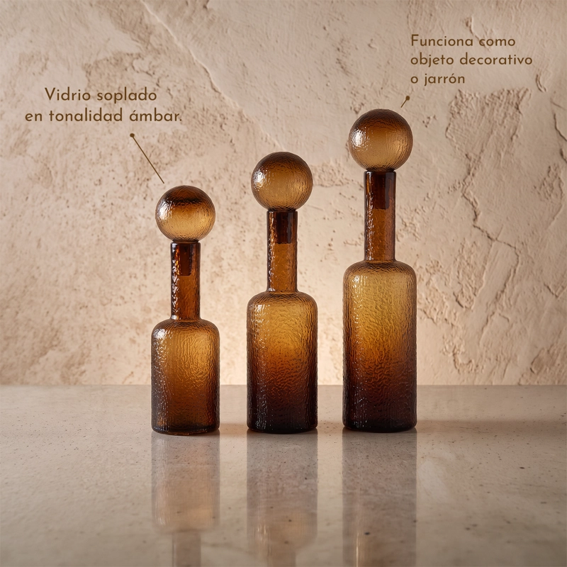 SET DE BOTELLAS DECORATIVAS VIDRIO AMBAR ESTILO VINTAGE WARM JAPANDI NORDICO - 4