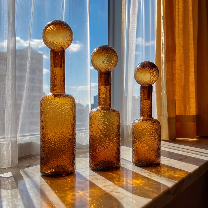 SET DE BOTELLAS DECORATIVAS VIDRIO AMBAR ESTILO VINTAGE WARM JAPANDI NORDICO - 6