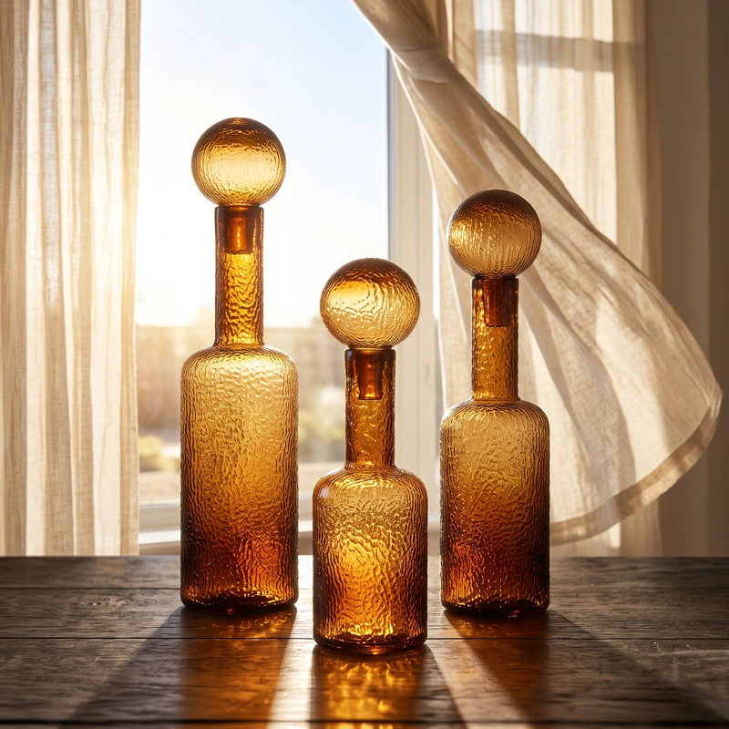 SET DE BOTELLAS DECORATIVAS VIDRIO AMBAR ESTILO VINTAGE WARM JAPANDI NORDICO - 7