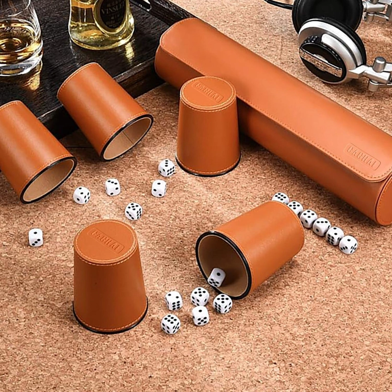 CACHOS JUEGOS DE MESA 5 CACHOS CUERO PU DADOS CACHAI PARDO CAFE - 5