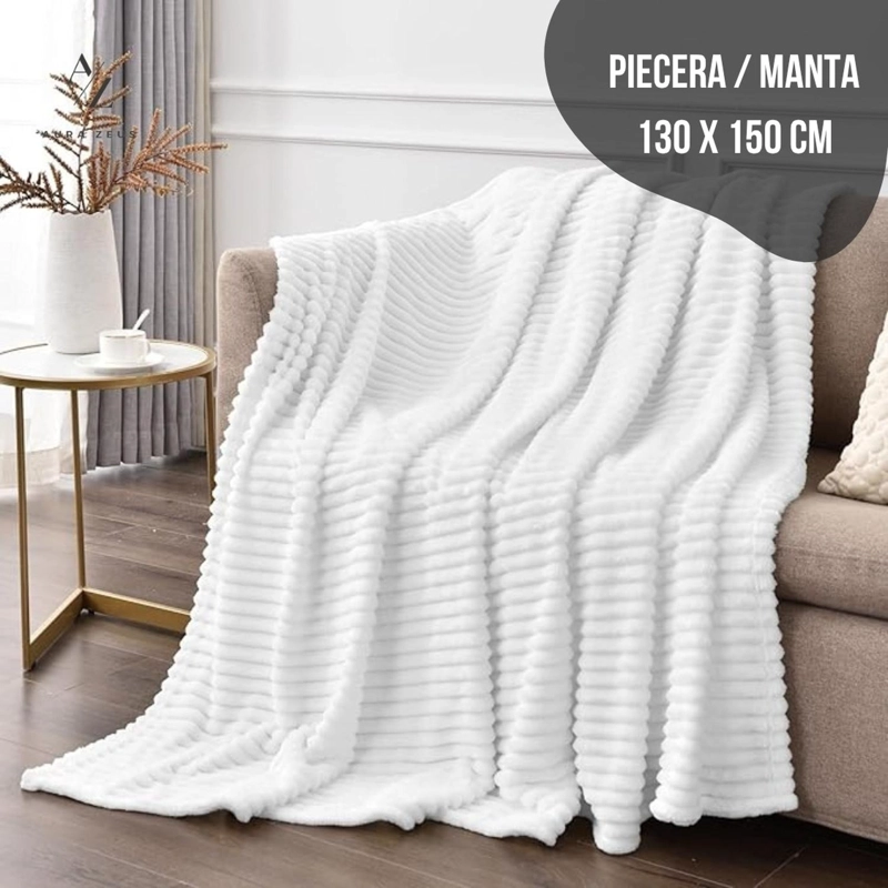 FRAZADA MANTA PIECERA 130 X 150 CM TERMICA RAYAS SHERPA CASA NEROLA GRIS BLANCO - 2