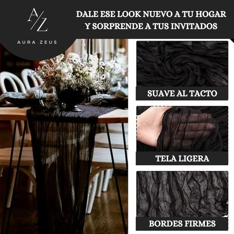 CAMINO DE MESAS GASA RECTANGULAR MANTEL CENTRO TELA 300 X 90 CM NEGRO - 4