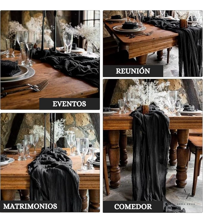 CAMINO DE MESAS GASA RECTANGULAR MANTEL CENTRO TELA 300 X 90 CM NEGRO - 5