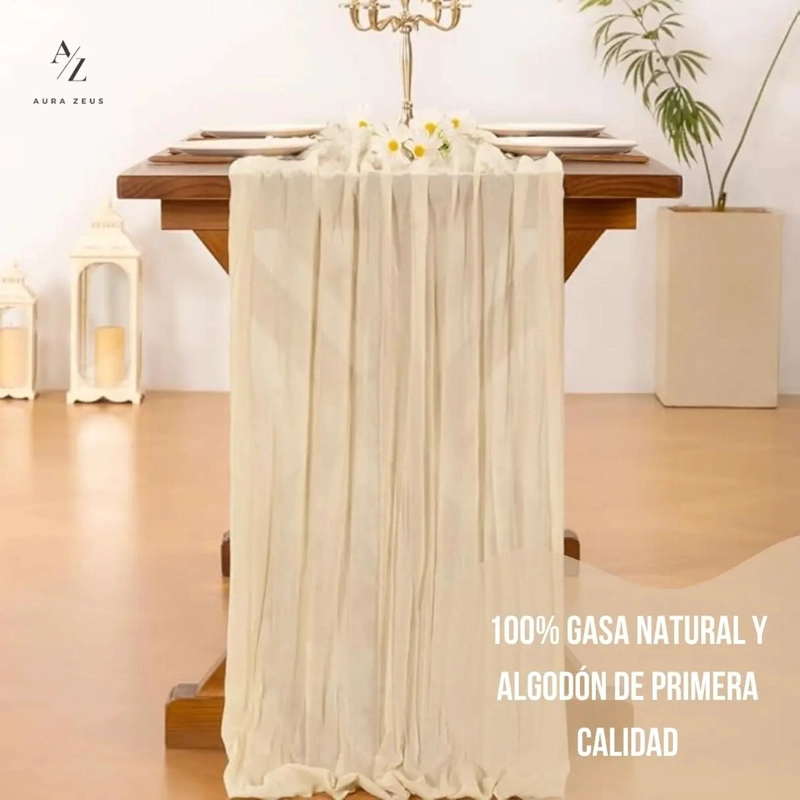 CAMINO DE MESAS GASA RECTANGULAR MANTEL CENTRO TELA 300 X 90 CM CREMA - 2