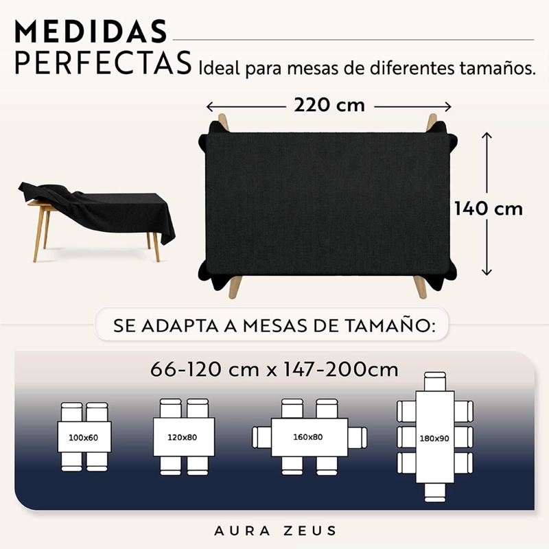 MANTEL RECTANGULAR ANTIMANCHAS IMPERMEABLE GENERO TELA 220 X 140 CM NEGRO - 2