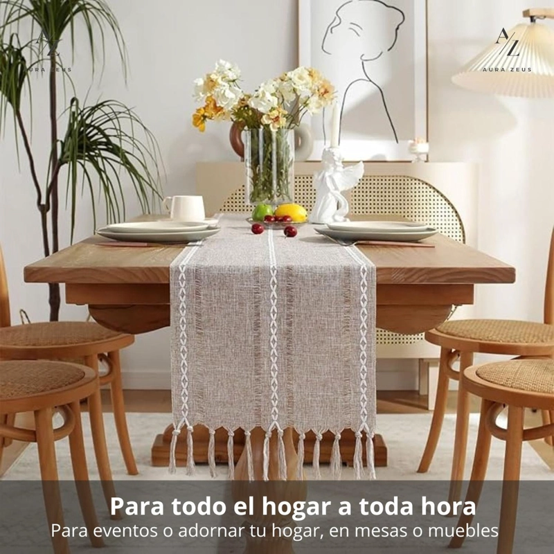 CAMINOS DE MESA 183 X 33 CM LINO Y ALGODON MANTEL TEJIDO CROCHET CAFE - 5