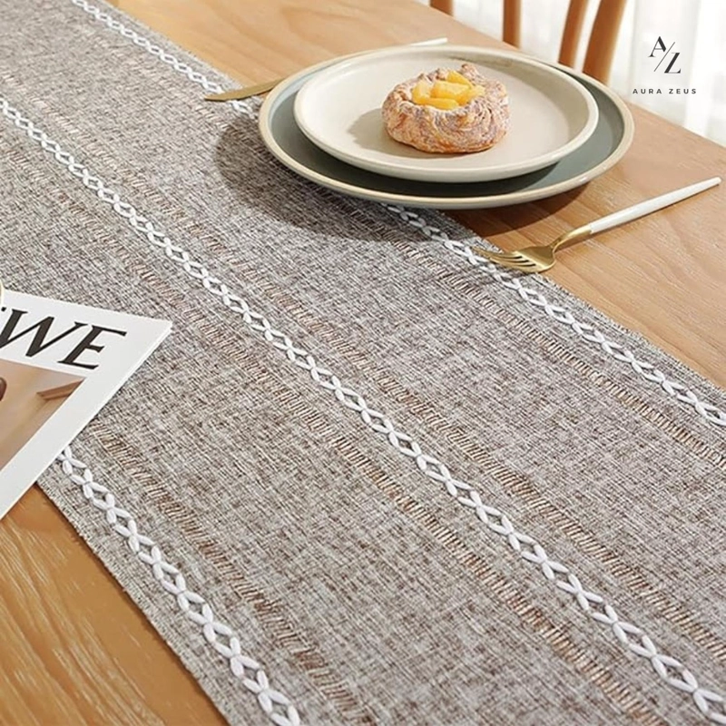 CAMINOS DE MESA 183 X 33 CM LINO Y ALGODON MANTEL TEJIDO CROCHET CAFE - 6