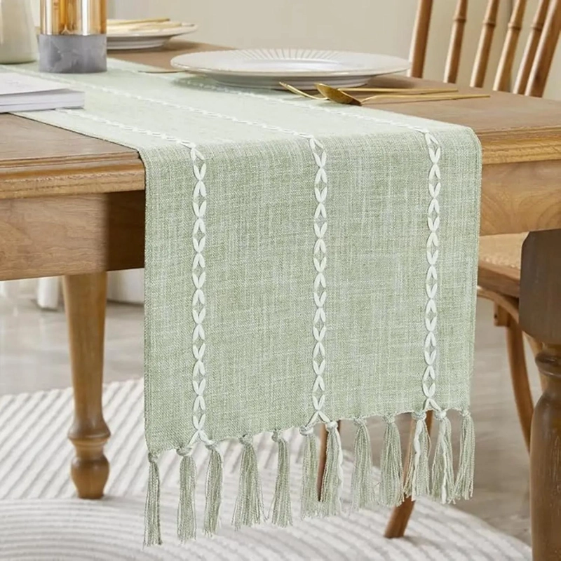 CAMINOS DE MESA 183 X 33 CM LINO Y ALGODON MANTEL TEJIDO CROCHET VERDE - 1