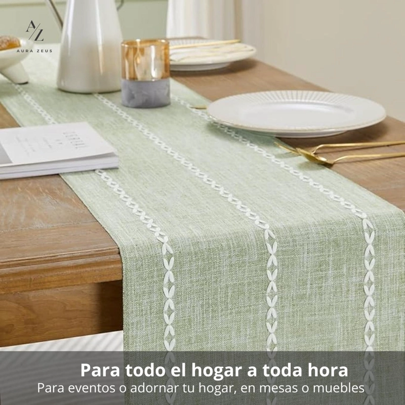 CAMINOS DE MESA 183 X 33 CM LINO Y ALGODON MANTEL TEJIDO CROCHET VERDE - 4