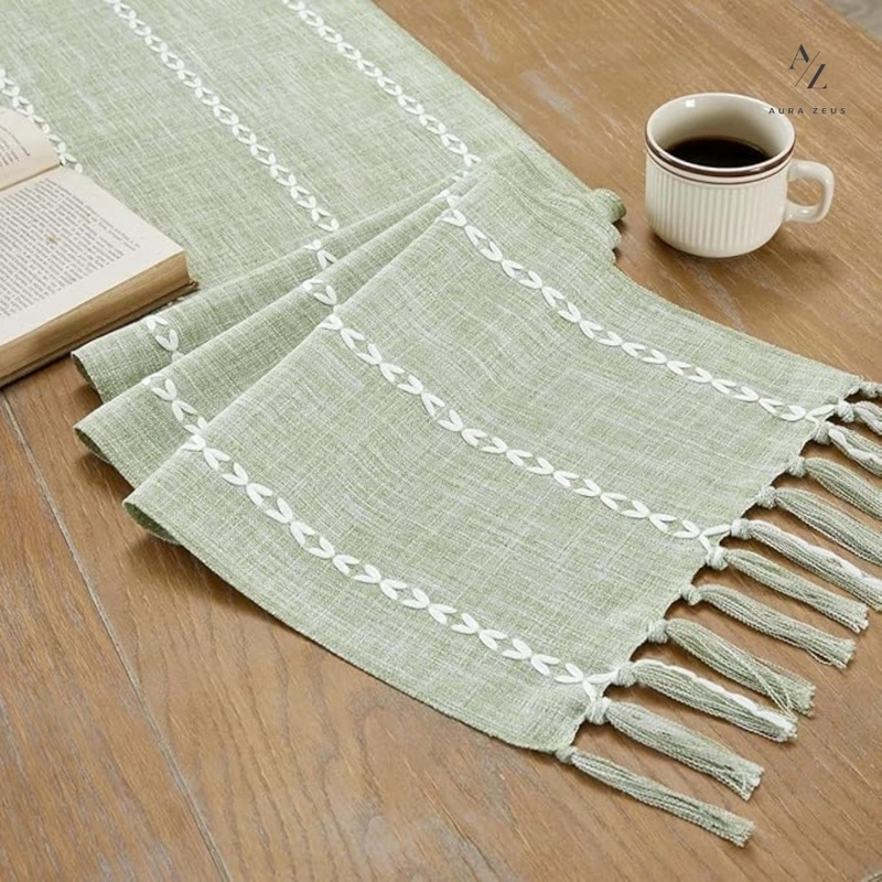 CAMINOS DE MESA 183 X 33 CM LINO Y ALGODON MANTEL TEJIDO CROCHET VERDE - 5
