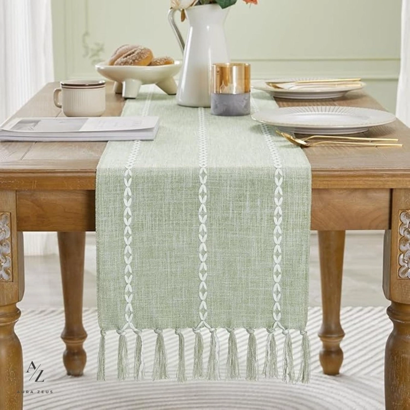 CAMINOS DE MESA 183 X 33 CM LINO Y ALGODON MANTEL TEJIDO CROCHET VERDE - 6