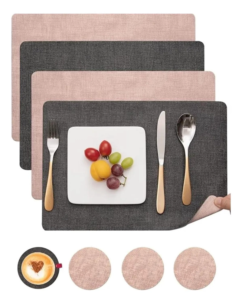 SET 4 INDIVIDUALES + 4 POSAVASOS REVERSIBLE ECOCUERO MESA RE ROSA - 1