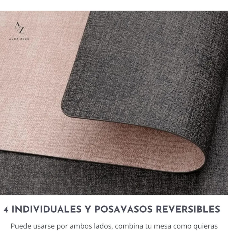 SET 4 INDIVIDUALES + 4 POSAVASOS REVERSIBLE ECOCUERO MESA RE ROSA - 3