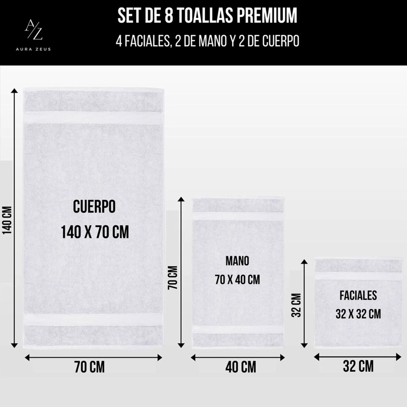 SET DE 8 TOALLAS DE BANO ALGODON 500GR CUERPO MANO GRANDE BLANCO - 2