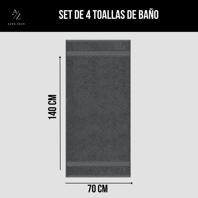 SET DE 4 TOALLAS DE BANO 140 X 70 CM ALGODON 500GR GRANDES GRIS - 2