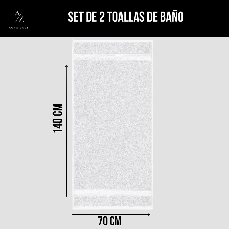 SET DE 2 TOALLAS DE BANO 140X70 CM ALGODON 500GR GRANDES BLANCO - 2