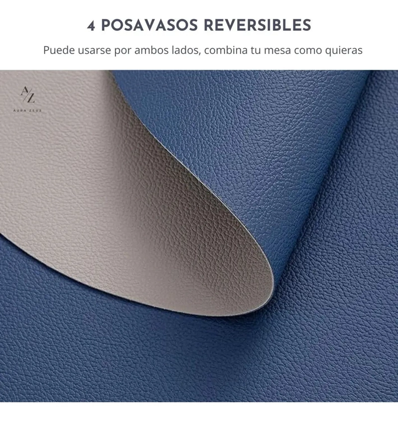 SET 4 POSAVASOS REDONDOS ANTIMANCHAS ECOCUERO MESA 2 EN 1 AZUL - 2