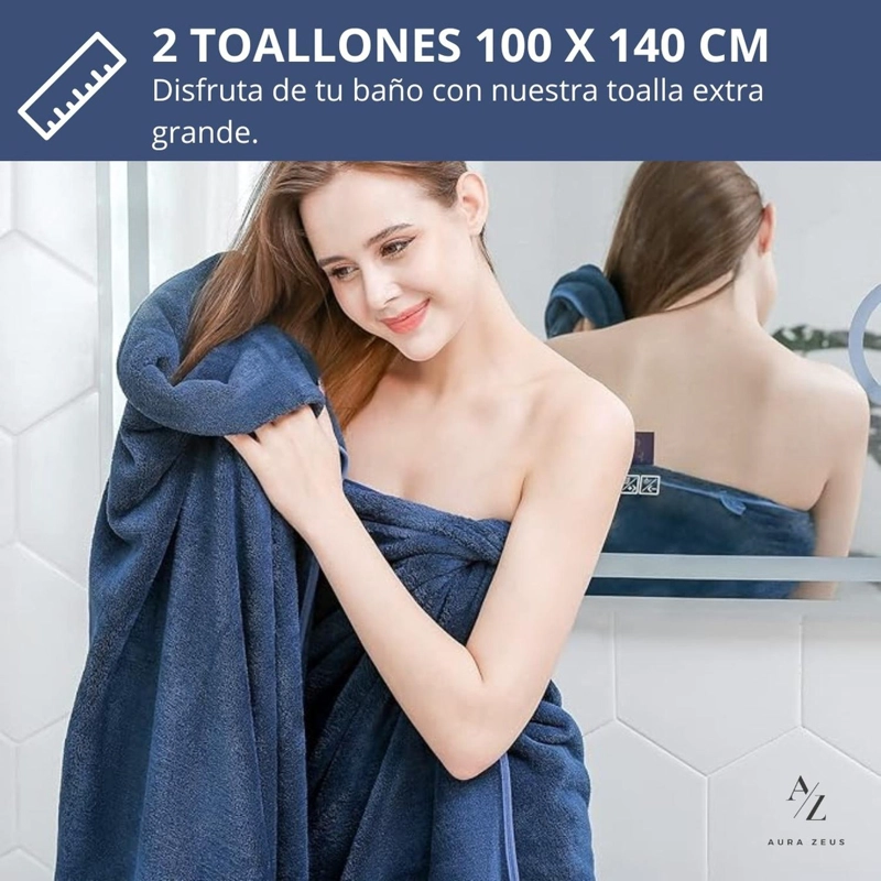 TOALLON GRANDE DE BANO BLANCO 100 X 140 CM MICROFIBRA PLAYA DE MANO AZUL - 2