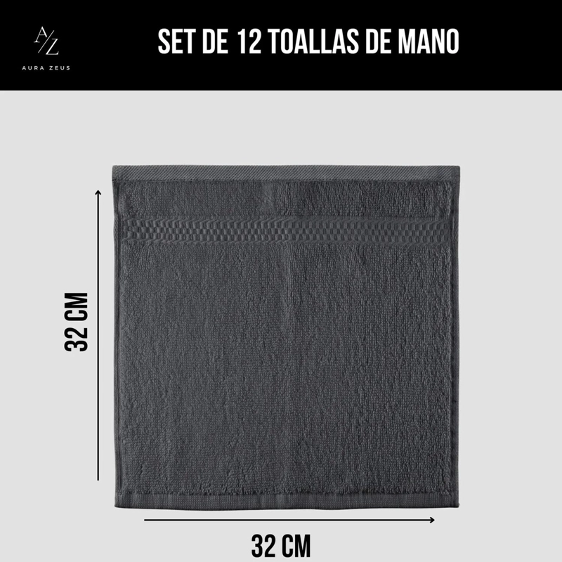 JUEGO DE 12 TOALLAS FACIALES 32 X 32 CM ALGODON 500G BANO GRIS OSCURO - 2