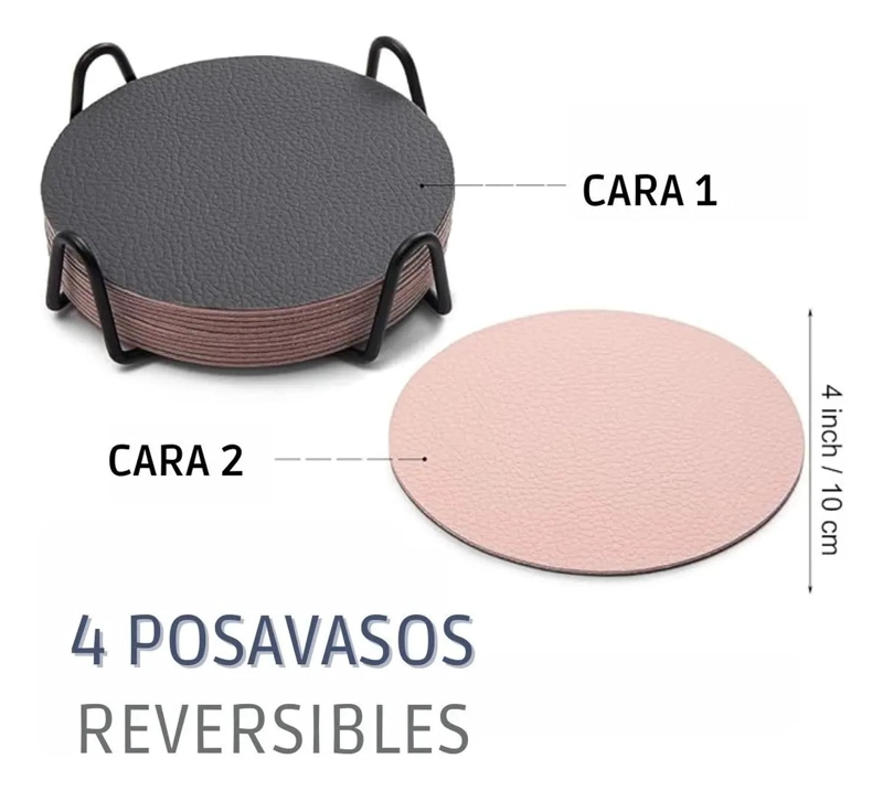 SET 4 POSAVASOS REDONDOS ANTIMANCHAS ECOCUERO MESA 2 EN 1 CI ROSA - 2