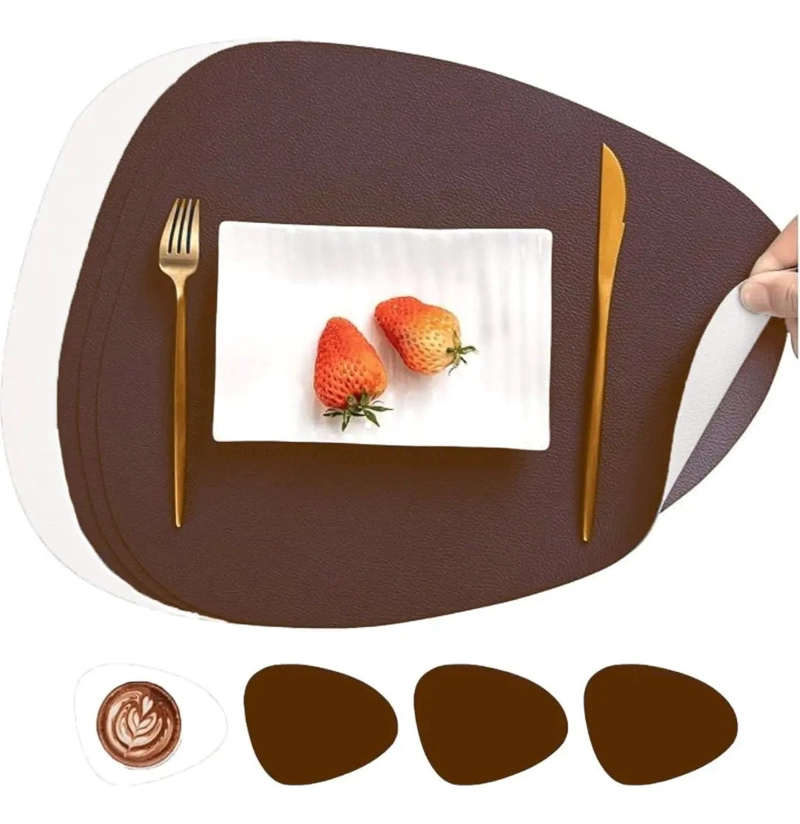 SET 4 INDIVIDUALES + 4 POSAVASOS REVERSIBLE ECOCUERO MESA BLANCO - 1