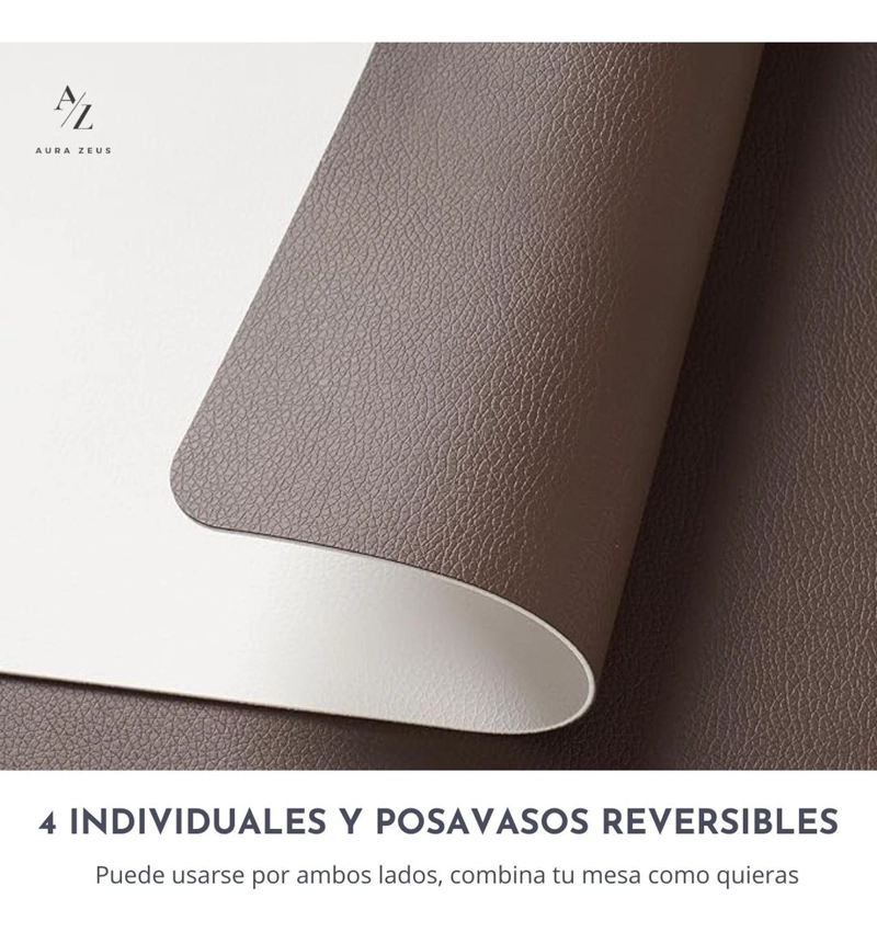 SET 4 INDIVIDUALES + 4 POSAVASOS REVERSIBLE ECOCUERO MESA BLANCO - 3