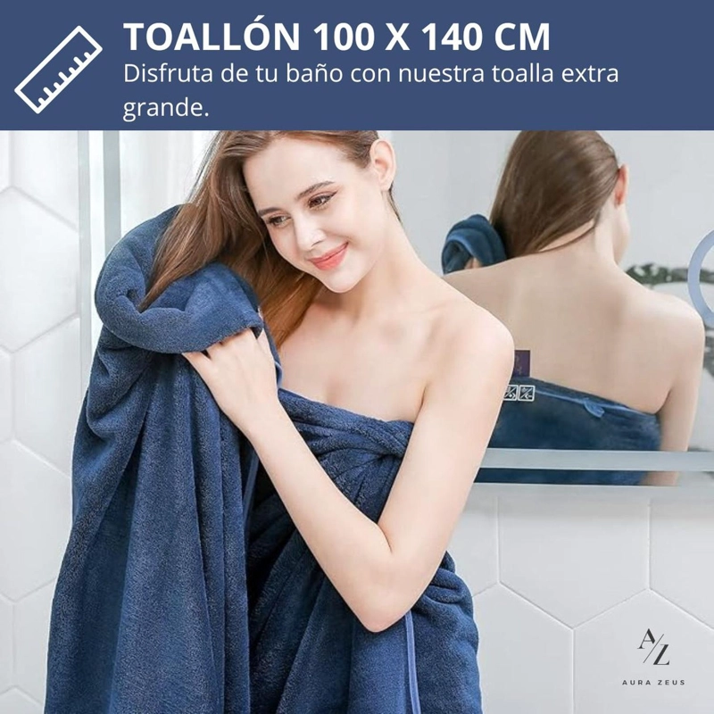 TOALLON GRANDE DE BANO 100 X 140 MICROFIBRA PLAYA MANO AZUL MARINO - 2