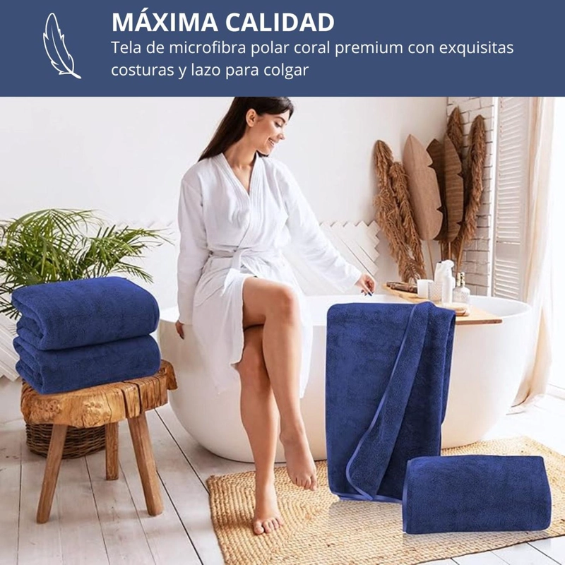 TOALLON GRANDE DE BANO 100 X 140 MICROFIBRA PLAYA MANO AZUL MARINO - 3