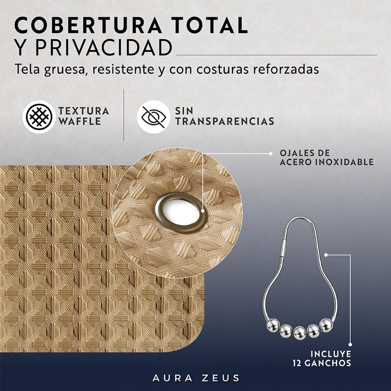 CORTINA DE BAÑO IMPERMEABLE TELA DUCHA +12 GANCHO PREMIUM AZ - 5