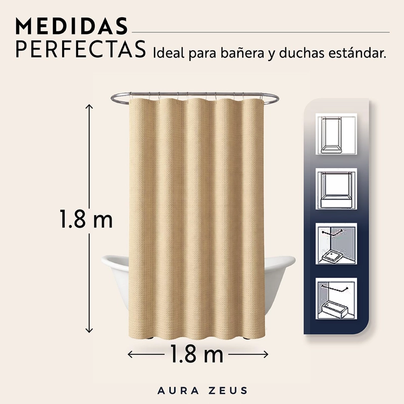 CORTINA DE BAÑO IMPERMEABLE TELA DUCHA +12 GANCHO PREMIUM AZ - 7