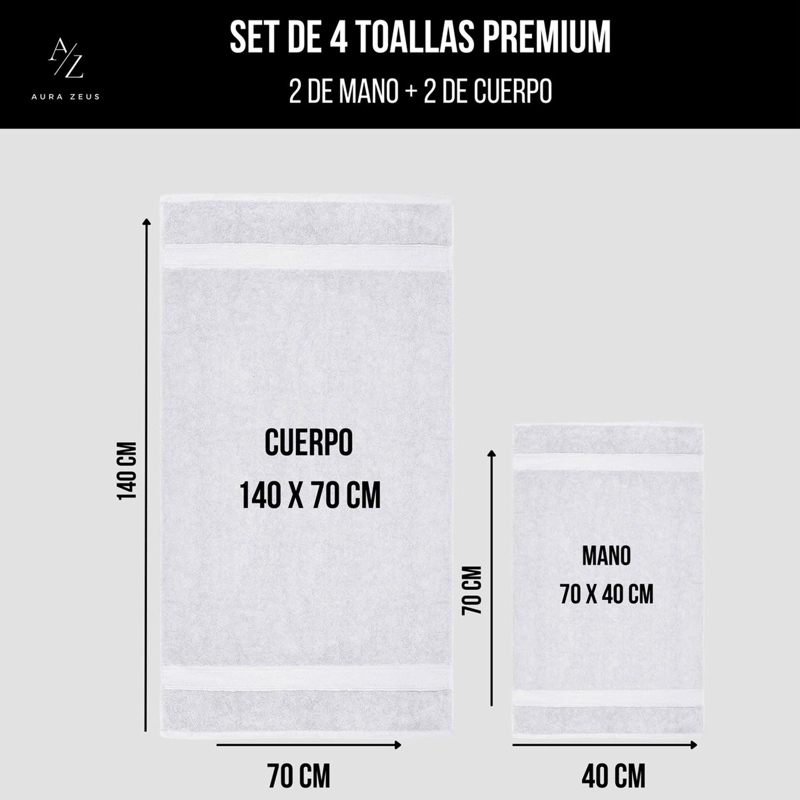 SET DE 4 TOALLAS DE BANO ALGODON 500GR CUERPO MANO GRANDE BLANCO - 2