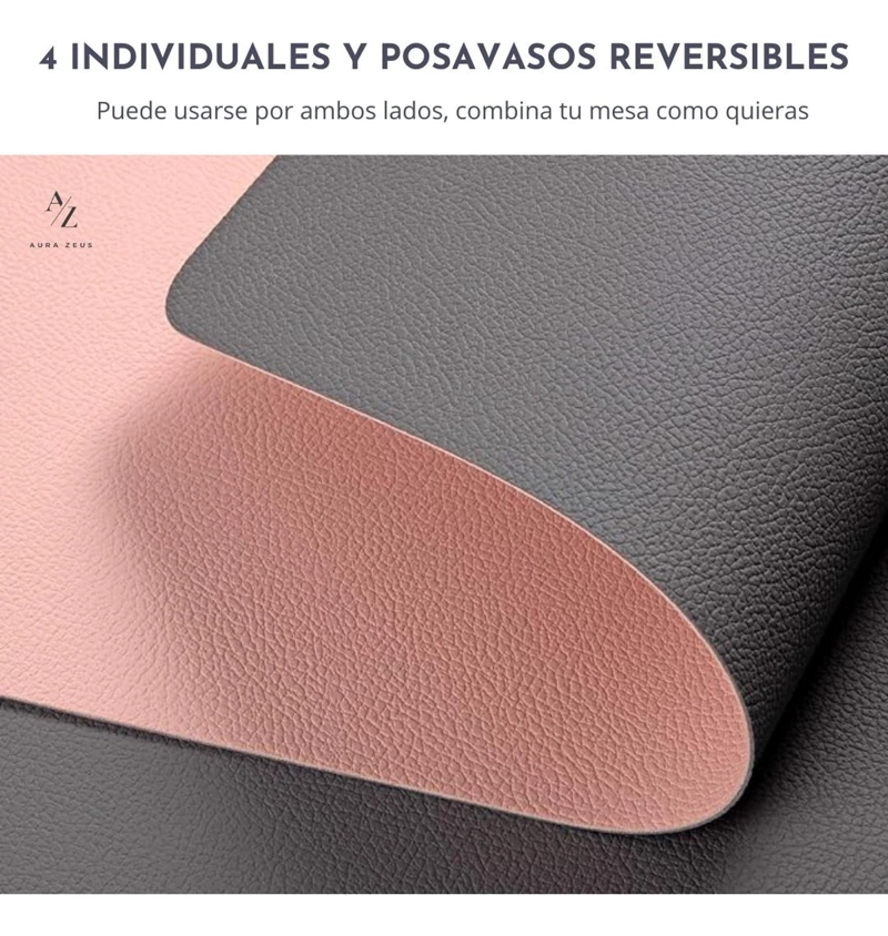 SET 4 INDIVIDUALES ECOCUERO IMPERMEABLES ANTIMANCHAS REVERSIBLES ROSA - 3